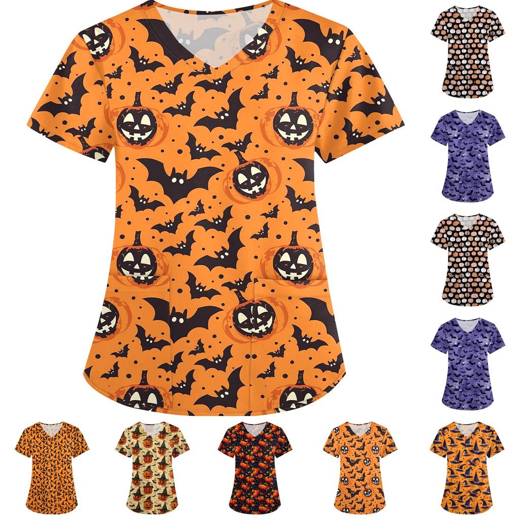 Women's Halloween Printed Loose V-Neck Pocket Short SleevUniform Uniform
