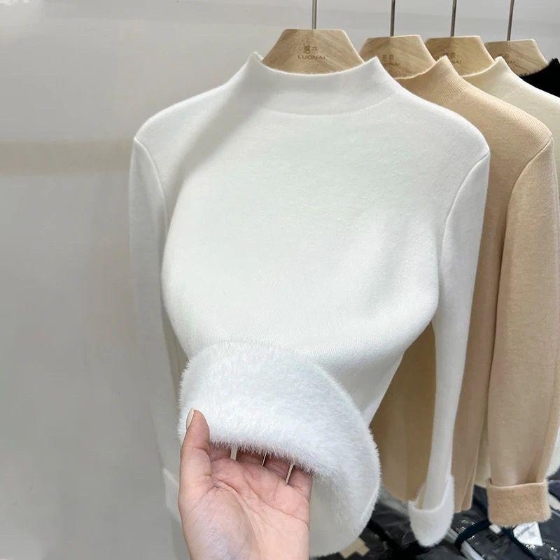Hairy Stand Up Collar Sweater for Women's Winter New Style Warm and Thick Pullover Sweater Popular Fashion Base Top