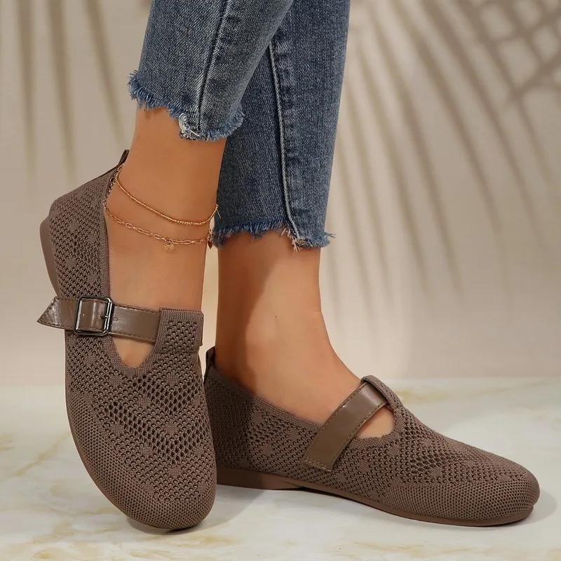 2024 Spring and Autumn Fashion Women's Shoes New Round Toe Solid Color Low Heel Mesh Breathable Buckle Women's Flat Shoes