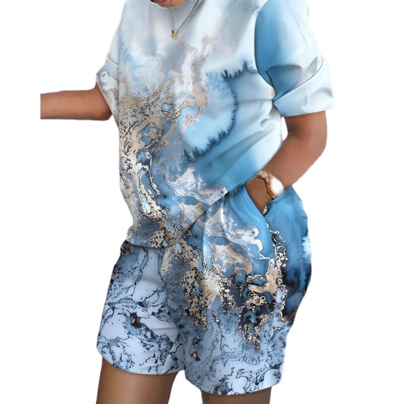 YYFS Women's Fashion Casual Summer Spring Colour Block Print Short Sleeve O-Neck Trousers Pants Suits