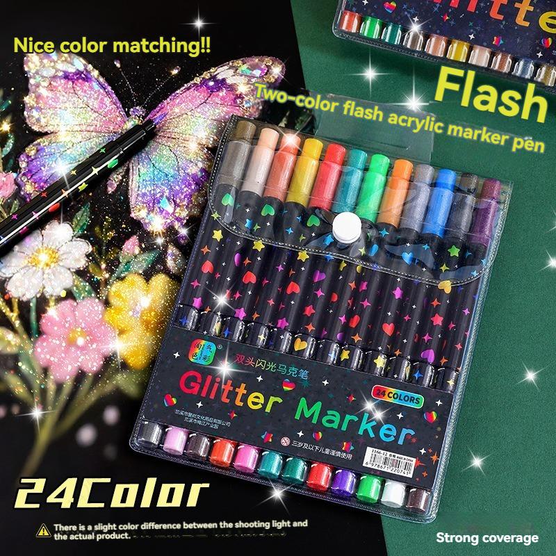

12/96 Colors Glitter Highlighter Pens Set Dual Tip Sparkle Markers Soft Brush Flashy Pens for DIY Hand Account Art Supplies