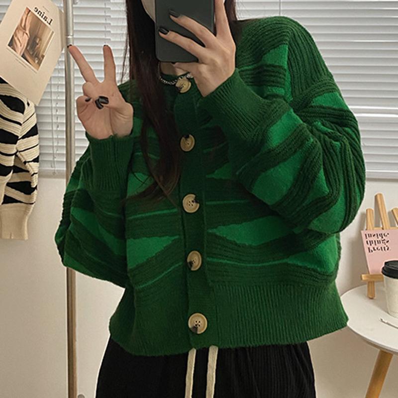 

Кардиган вязаный в корейском стиле, с волнистым полосатым узором, женский свитер, милые осенне-зимние новинки, свободные повседневные куртки, с круглым вырезом, модные элегантные офисные пальто, одежда One size зелёный