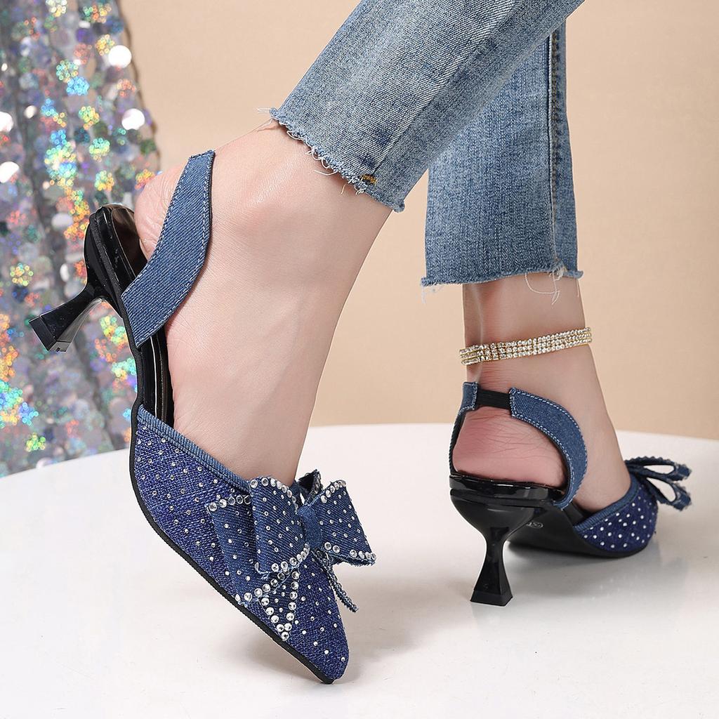 Small temperament rhinestone pointed bow high heels women's summer 2025 new thin heel foreign trade bag head sandals 43