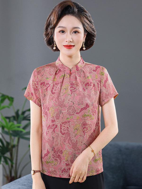 Women's Summer Stand Collar Jacquard Short Sleeve Shirt – Stylish, Comfortable Top with National Style