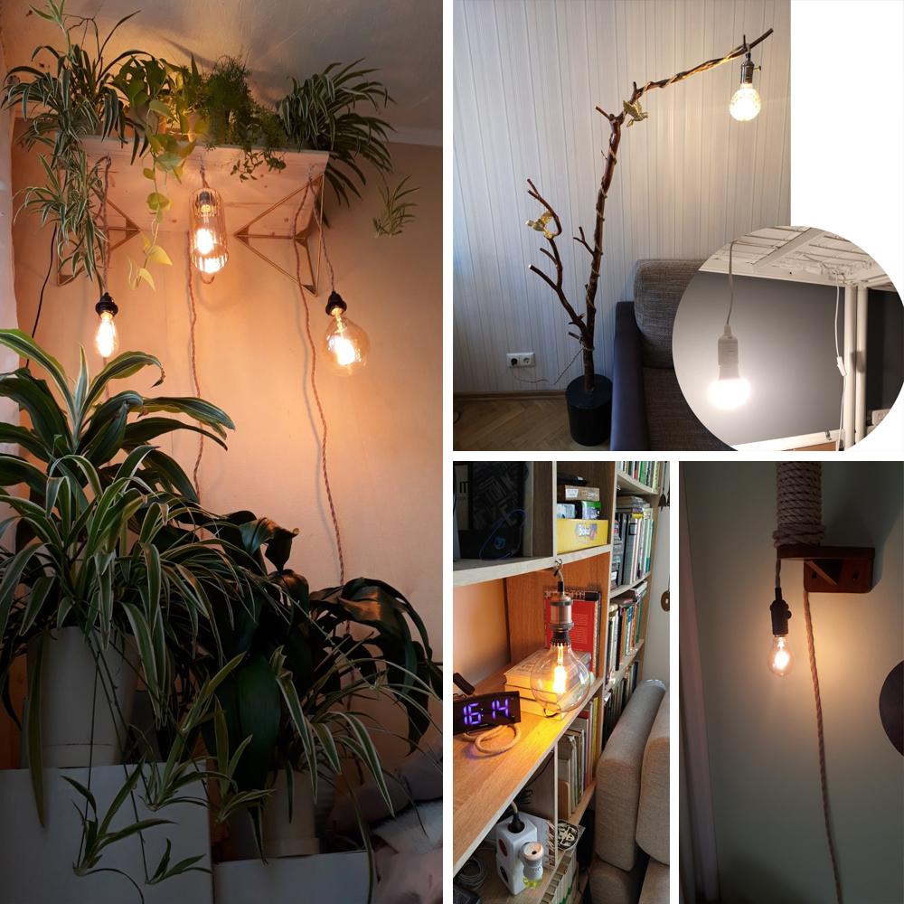 EU Plug 2M 3M Power Cord Pendant Light Twist Hemp Rope Cables E27 Lamp Holder with ON OFF Switch Wire Edison Bulb Socket