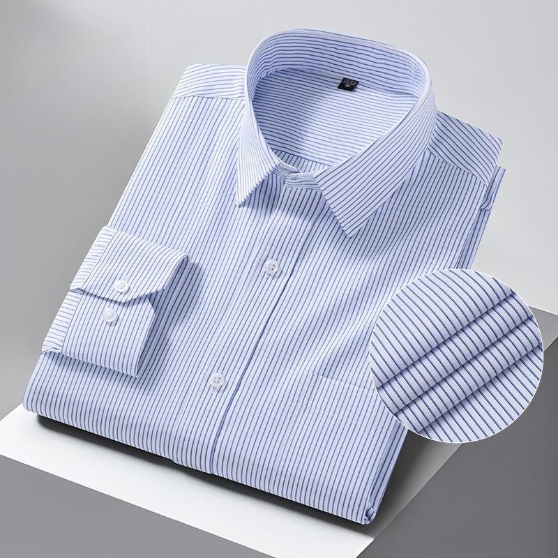 Men Formal Shirt Long Sleeve Office Solid Color Striped Anti-Wrinkle Fashion Business Pocket White Social Shirt Men's Clothing
