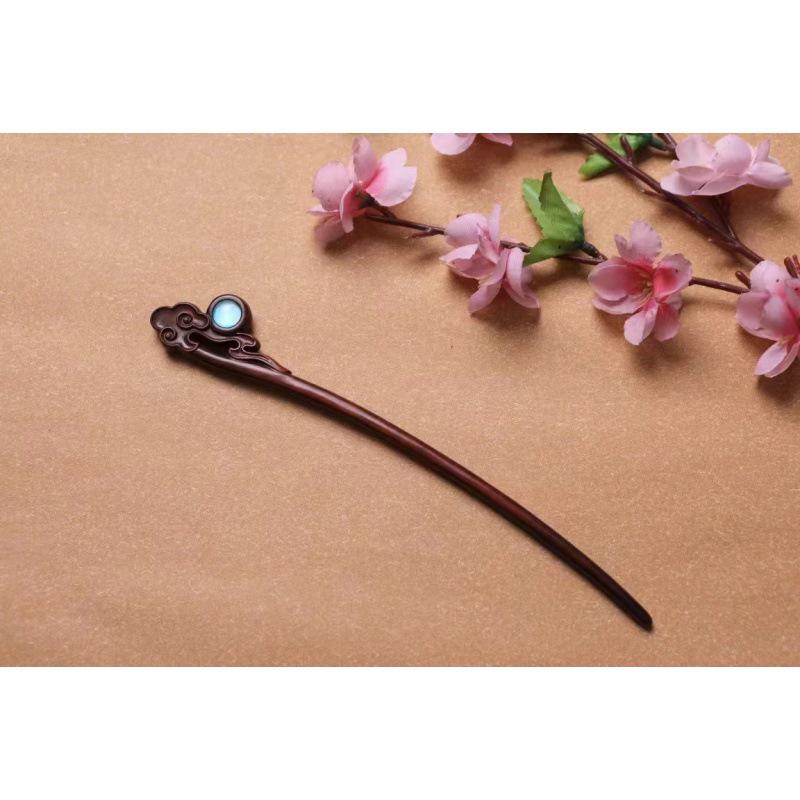 Red Sandalwood Women's Retro Hanfu Hairpins: Hollow Carved Moon Rabbit Wooden Ornaments