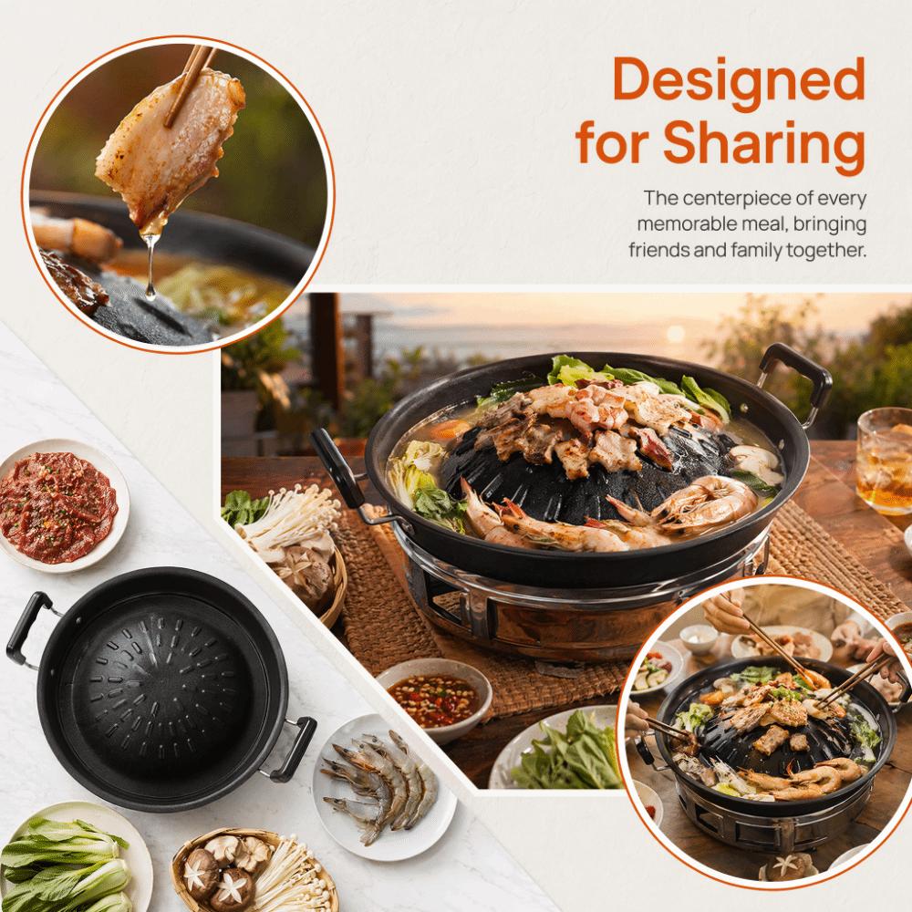 Round Hot Pot Grill Pan Black Grill Pan with Side Durable Round Thai Style BBQ for Open Flame