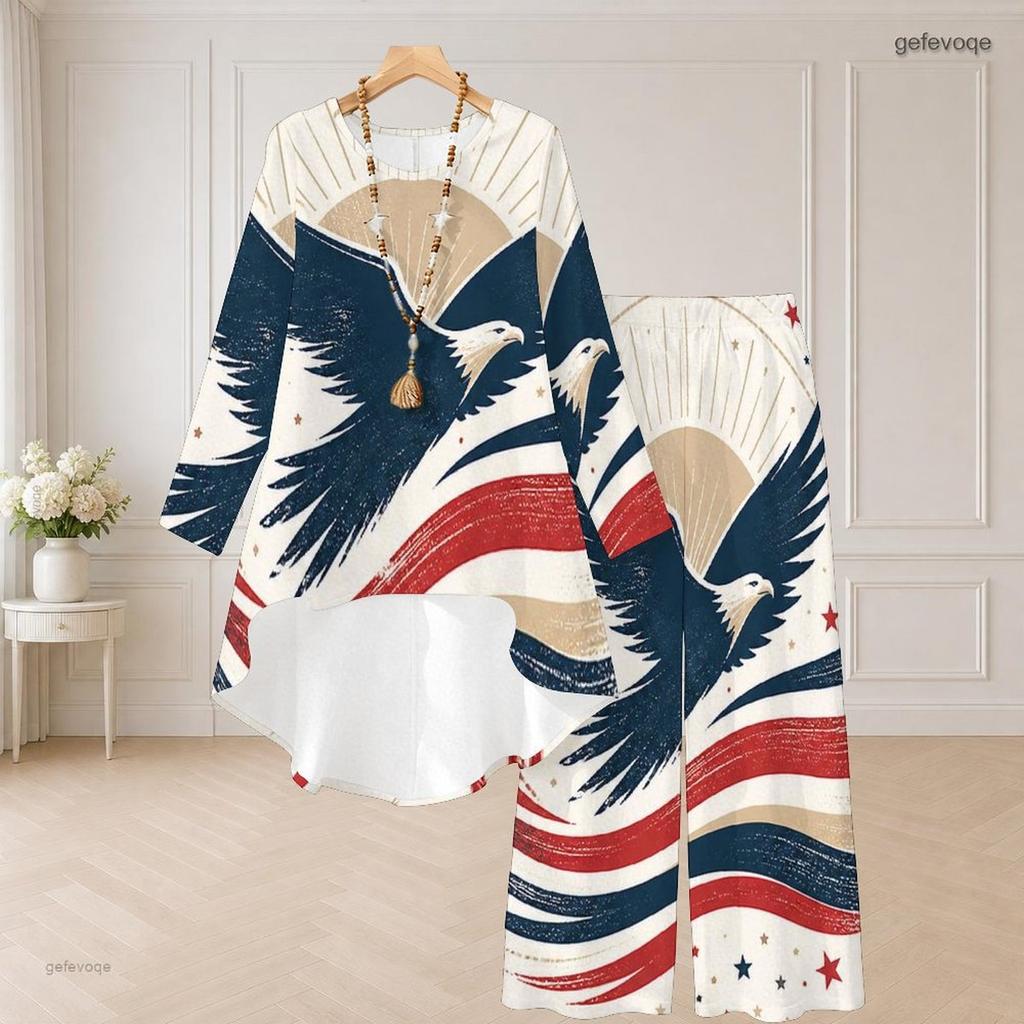 Women Plus Size Round Neck Long Sleeve Red Blue White Printed High Low Top Wide Leg Pants Two Piece Set