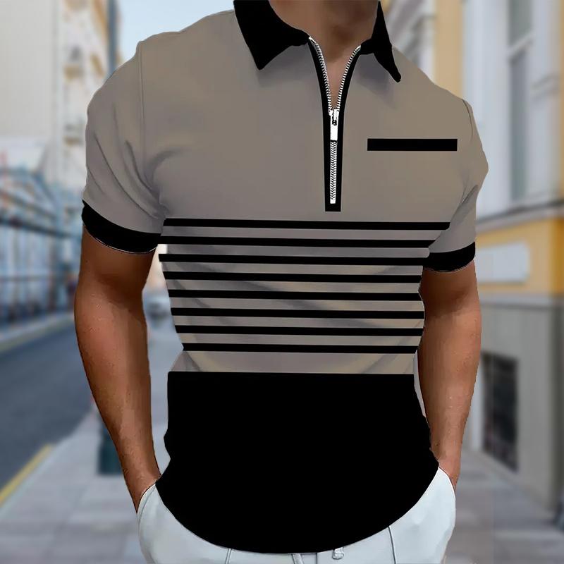 

Мужская рубашка поло повседневная на молнии с коротким рукавом модная повседневная на молнии лето весна стандартный крой 3D мелкий полосатый принт рубашка 8XL дубильная кора