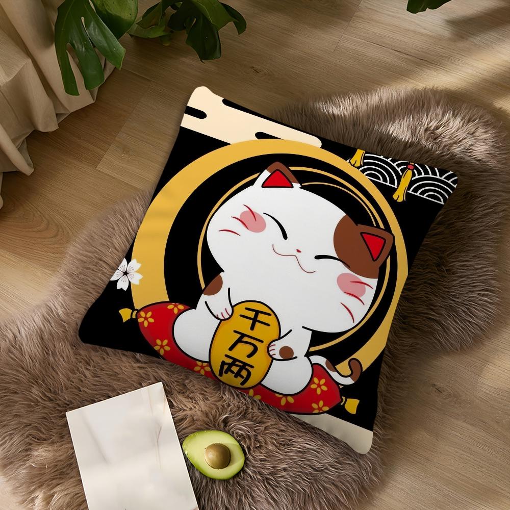 Maneki Neko Rich Luck Money Cat Cushion For Bedroom Car Coffee Shop Room Soft and Living Room Sofa Decorative Pillow Cover Case