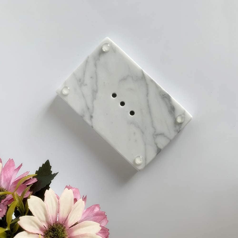 Natural Smooth Real Marble Soap Dish/Facial Sponge Holder/Bathroom Makeup Sponge Tray with Draining Hole (White Carrara)