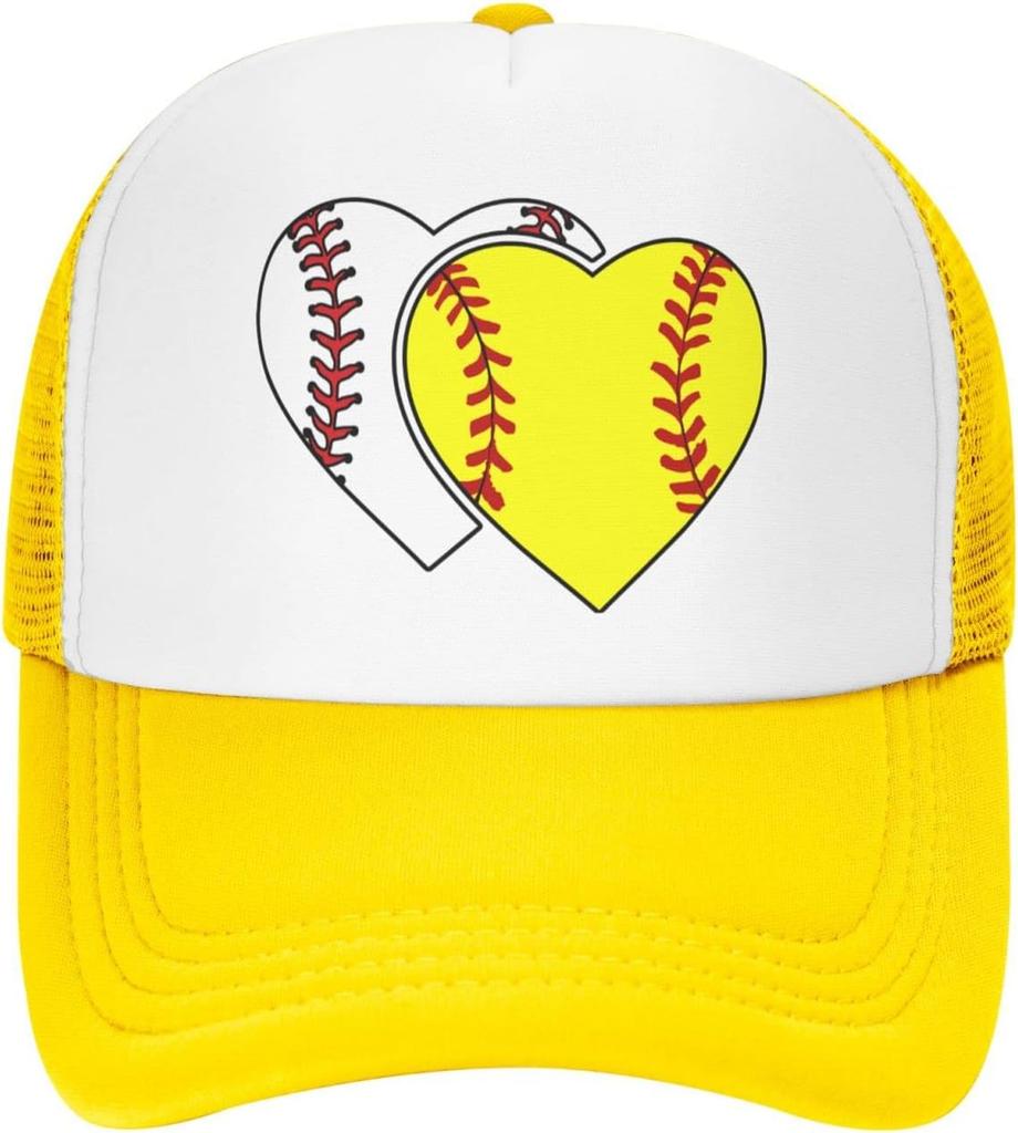 Softball Heart Graphic Trucker Hat Polyester Mesh Adjustable Baseball Cap Casual for Men Women
