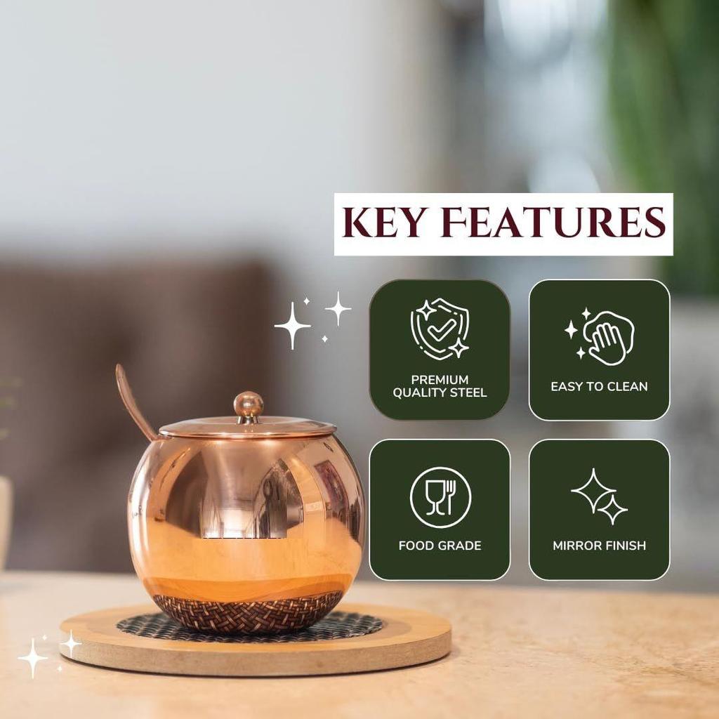 Copper Coated Stainless Steel Ghee Pot with Spoon | 275ml Oil & Ghee Container for Kitchen | Rust-Resistant Ghee Dispenser Jar