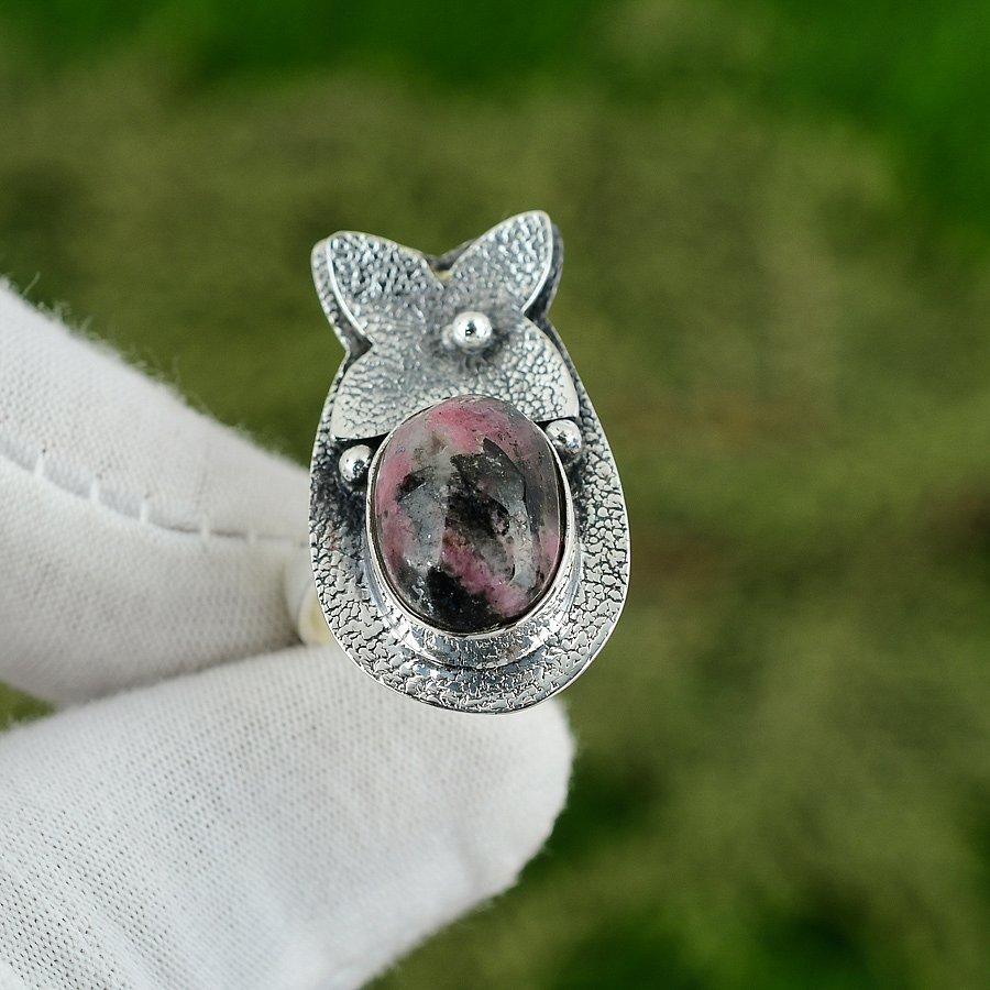 Natural Rhodonite Gemstone Solitaire Adjustable Ring 925 Silver For Girls