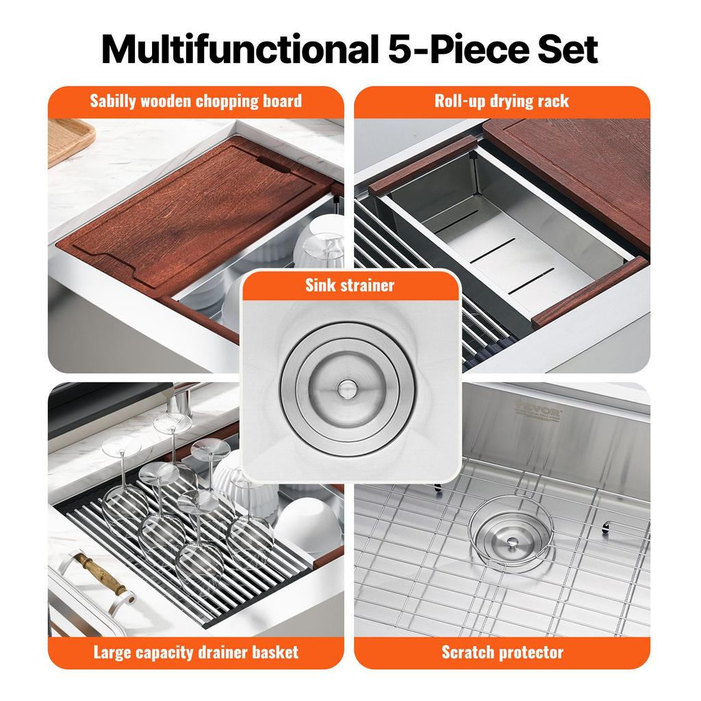 VEVOR Farmhouse Kitchen Sink, 304 Stainless Steel Drop-In Sinks, Top Mount Single Bowl Basin with Ledge & Accessories
