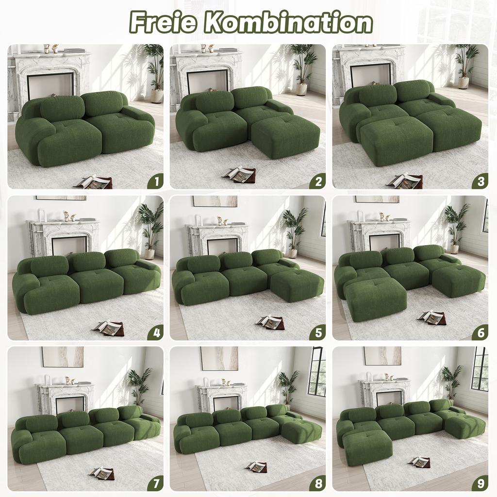 4-Seater Sofa Soft Corduroy, Frameless, 32D High-Elastic Padding, Pet-Friendly, Vacuum-Packed, Combinable, No Assembly for Bedroom and Office, Green