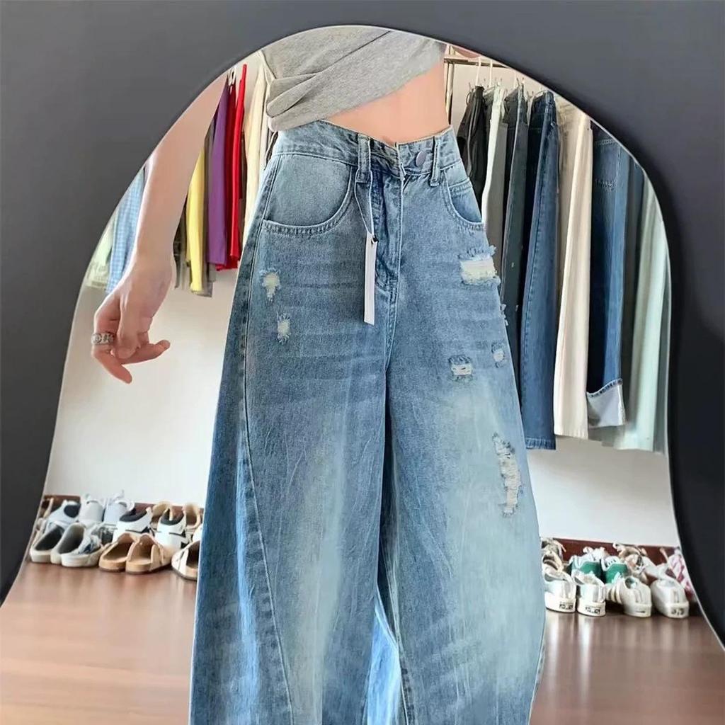 Women's American-Style Ripped Straight-Leg Jeans, Korean-Inspired Distressed Curved Wide-Leg Pants