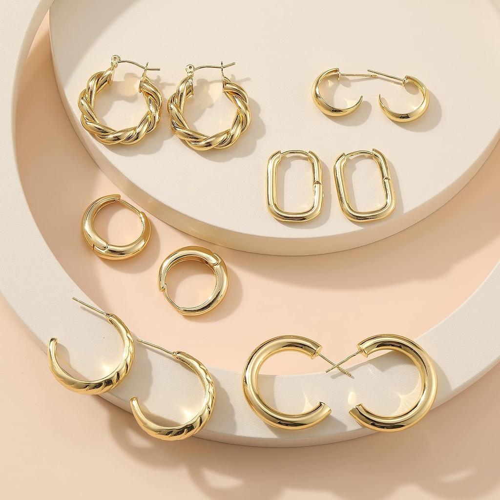 Gold Hoop Earrings Set for Women, 6 Pairs 14K Gold Plated Lightweight Hypoallergenic Chunky Open Twisted Hoops Earrings Pack Jewelry