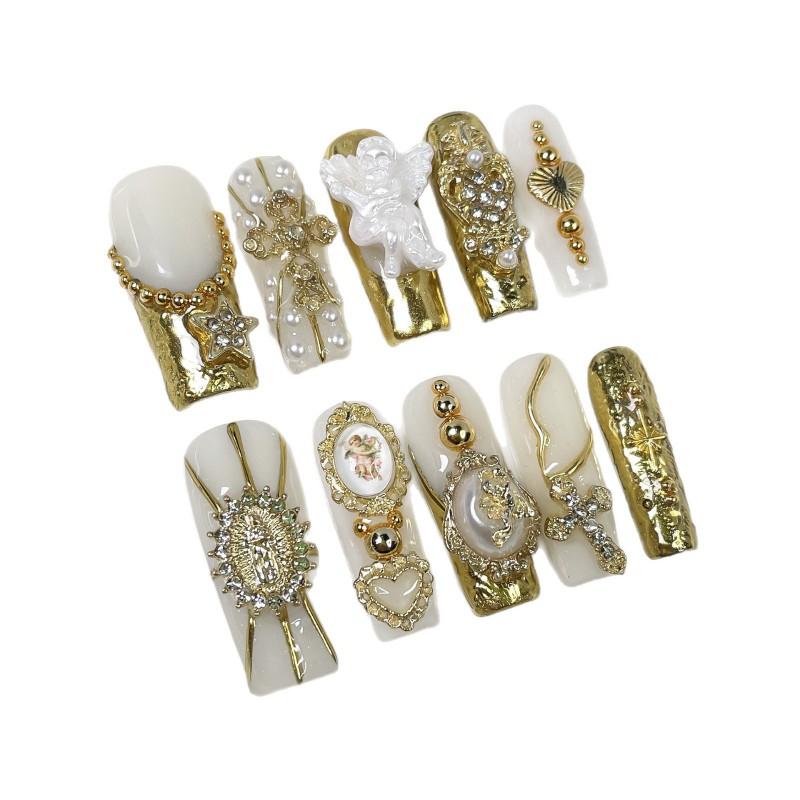Baroque Style Luxury Nail Tips With Pearl Angel Decorations Thin Press-On Nails In S M L Sizes