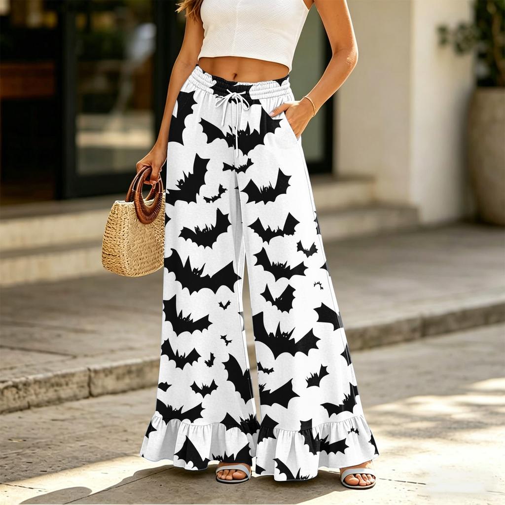 Women's High Waist Wide Leg Pants with Pockets - Halloween Print Drawstring Elastic Waist Loose Casual Trousers