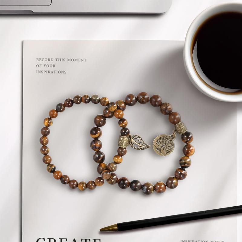 Tree Charm Bracelet Set Agates Bead  Stone Bracelets for Women Man Leaf Pendant Bangles Jewelry Gift