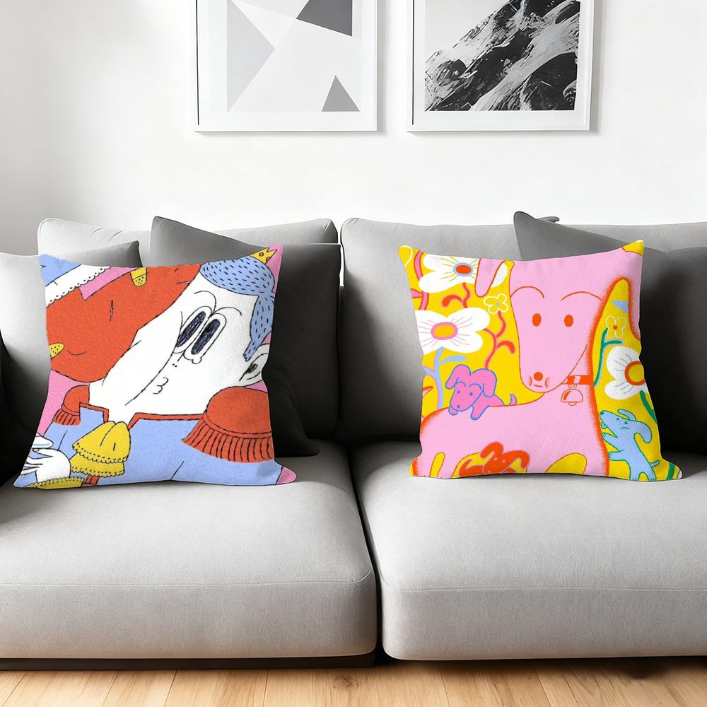 Cushion Cover Silky Short Plush Home Sofa Cushion Cover - Invisible Zipper Home Decoration Cute illustration art