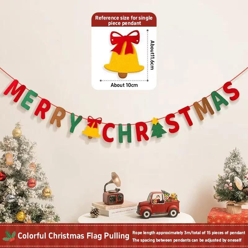 DIY Handmade Pull Flag Banner with LED Light String Merry Christmas Holiday Ornaments Home Room Background Christmas Decoration