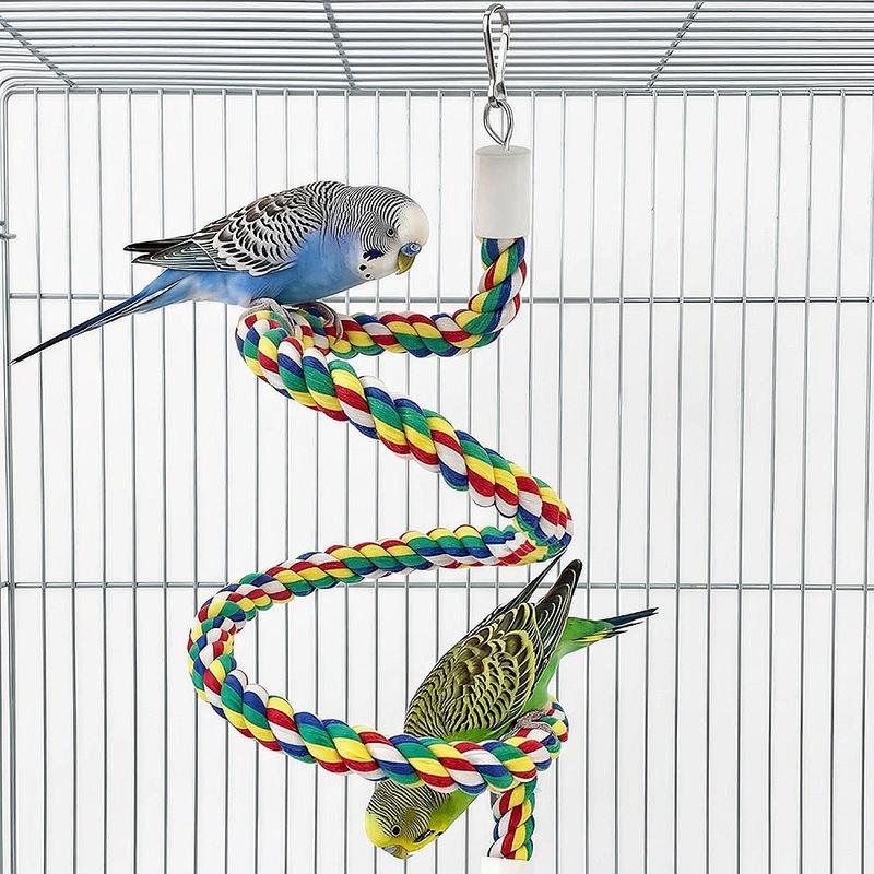 Spiral Cotton Rope Parrot Perch Flexible Bird Standing Toy Colorful Swing Chew Toy with Bell Cage Accessory