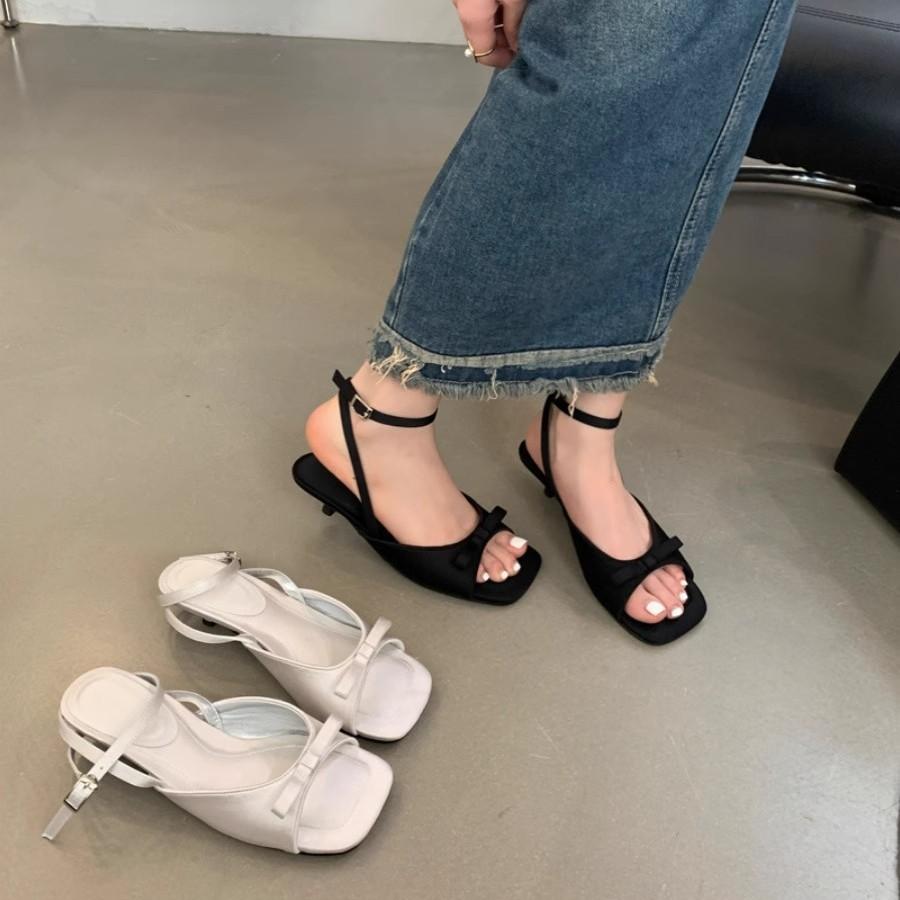 High heels satin open-toed bow with empty sandals women's summer stiletto with skirt cool slippers