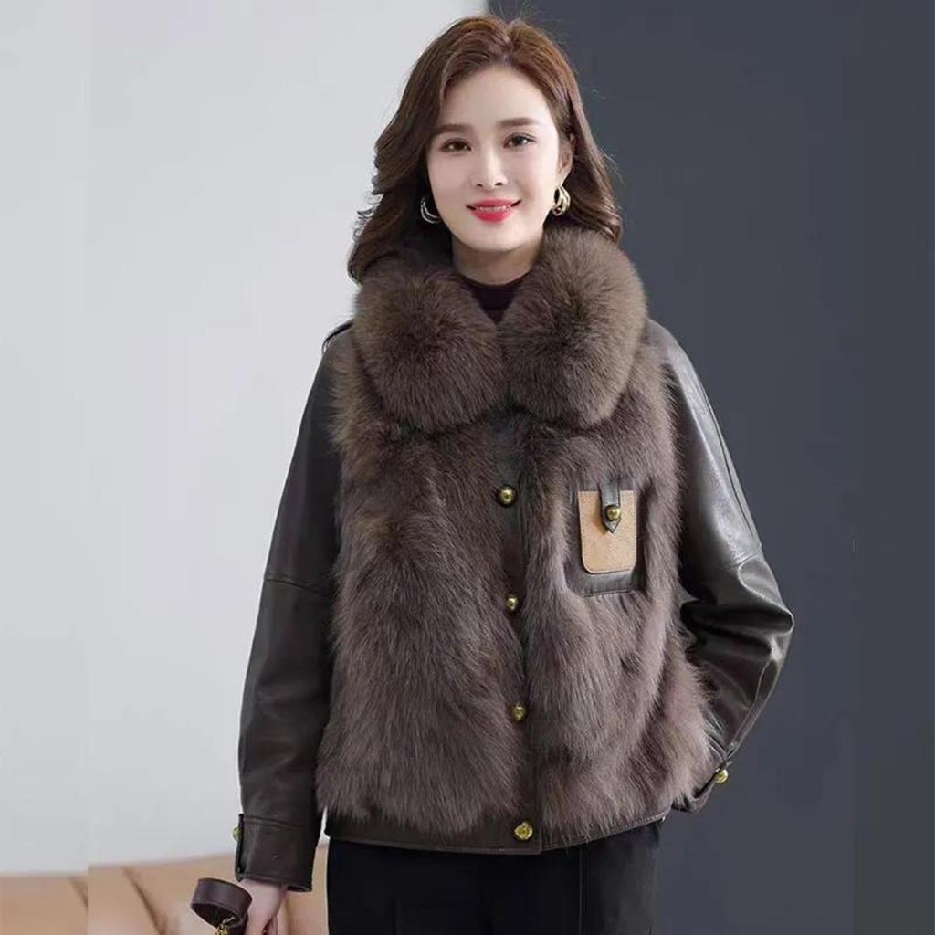 Women's Winter Fleece Lined Faux Leather Jacket, Loose Fit Parka Coat with Fur Collar
