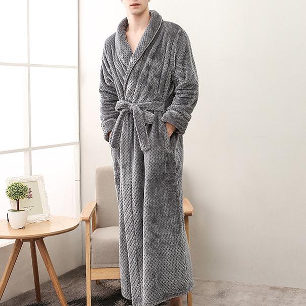 Coral Fleece Župan s dlouhým rukávem Domácí oblečení Silný flanel Pár Župan na spaní Šedá Podzim Zima Wam Volné Společenské oblečení