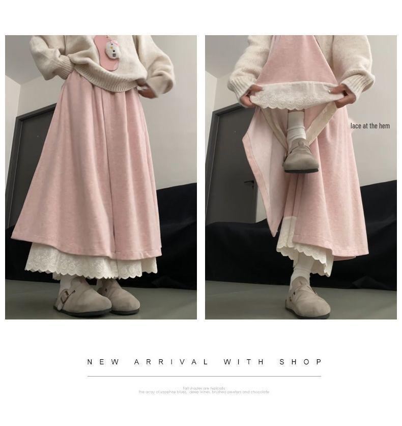 Patchwork Lace Trim High-Waisted Woolen Wide-Leg Pants for Women - Autumn/Winter Plus Velvet Casual Loose Fit.