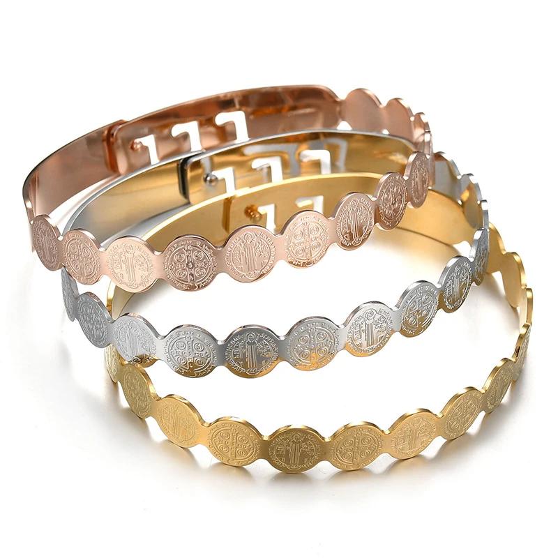 Stainless Steel Jesus Round Amulet Bracelet Catholic San Benito Cross Bracelet Religious Fashion Jewelry for Men and Women