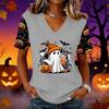 Women's Halloween Print V-Neck Short Sleeve Pullover Top for Casual Wear