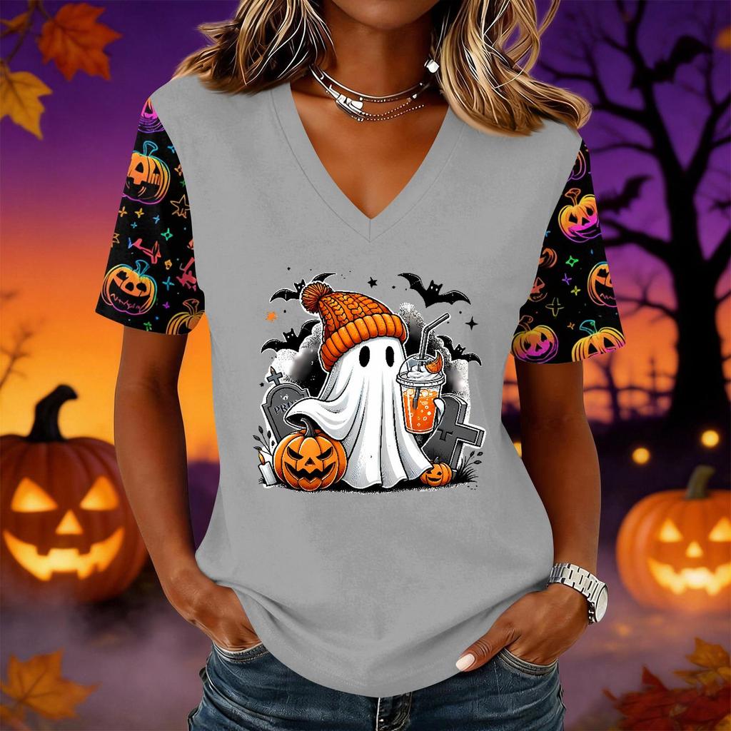 Women's Halloween Print V-Neck Short Sleeve Pullover Top for Casual Wear