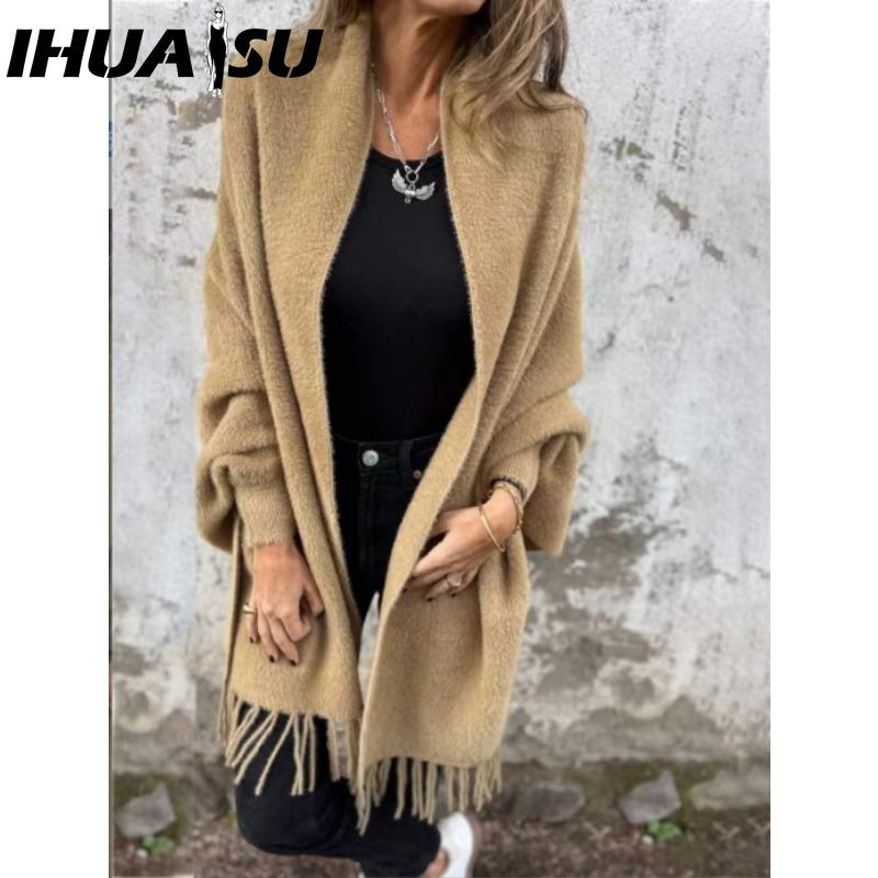 

IHUASU Женское осенне-зимнее пончо из искусственного норкового бархата с кисточками, однотонное, утолщенное, теплое, летучая мышь XXXXXL хаки