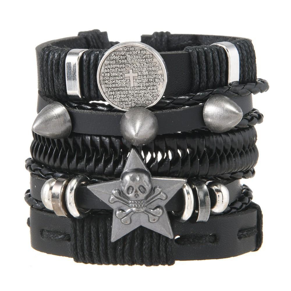 Alloy Men's Bracelet, Multi-layered Leather Skull Bangle, Viking Bracelet