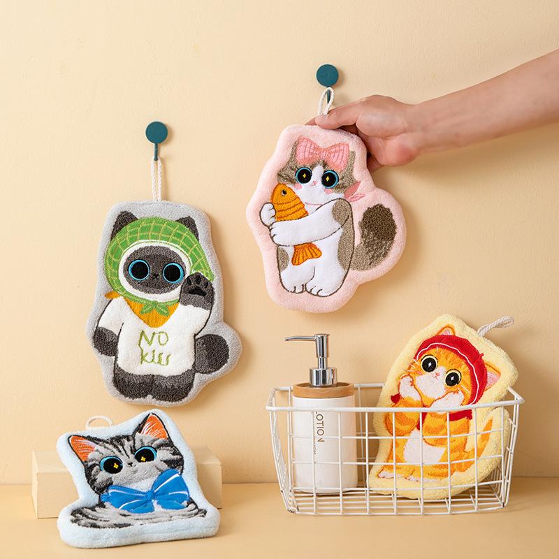 Cartoon Korallenvlies Handtuch für Küche Kawaii Katze Handabwischlappen Reinigungstuch Badezimmer Hängehandtuch Saugfähiger Putzlappen