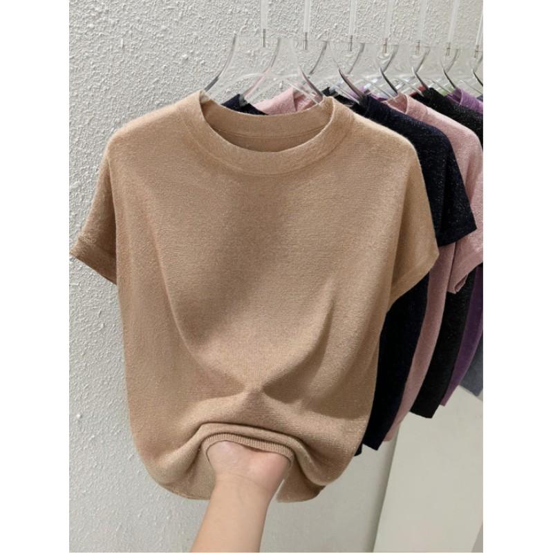 Women's Summer Round Neck Thin Loose T-shirt Solid Color Design Knit Tops