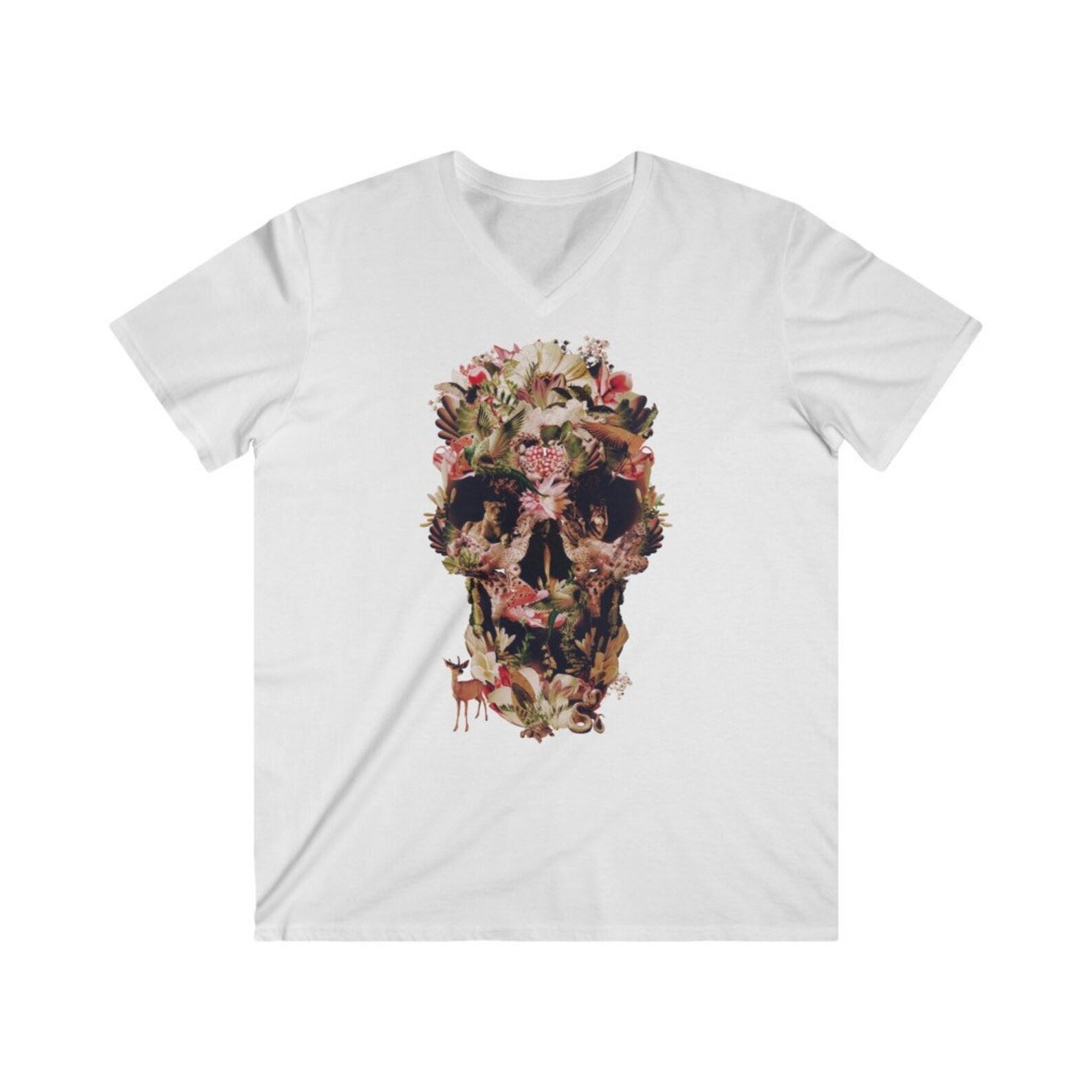 Jungle Flower Skull Men s V-Neck T-shirt: Ali Gulec Art Print S