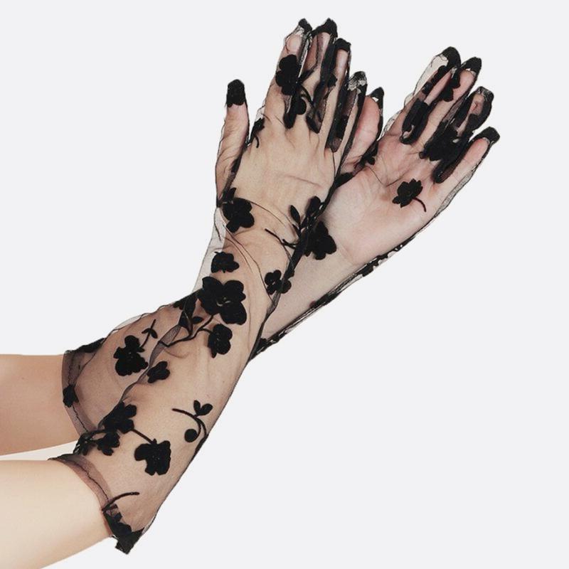 Sexy Black Mesh Flower Lace Gloves Long Bride Wedding Po Elbow Gloves Costume Parties Accessories