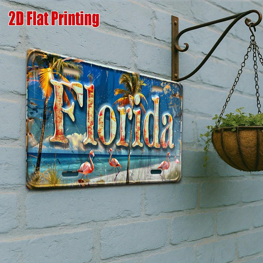 2D Flat Piece, Florida Beach Scene Metal License Plate, Vintage Aluminum Sign, Suitable for Poolside, Patio, Beach Bar