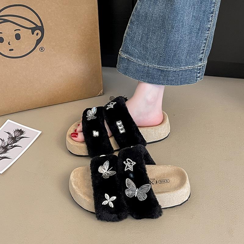 

Пушистые шлепанцы на толстой подошве для женской уличной обуви 2025 новые модные универсальные бархатные шлепанцы с открытым носком на осень и зиму для ж 40 чёрный