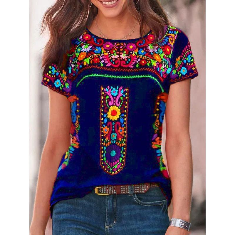 

GMXIA Летняя женская футболка с принтом бохо, с круглым вырезом и коротким рукавом XXXL синий