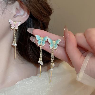 Dripping Butterfly Tassel Earrings Simple High-end Contrast Earrings Fashion Versatile Niche Earrings Women