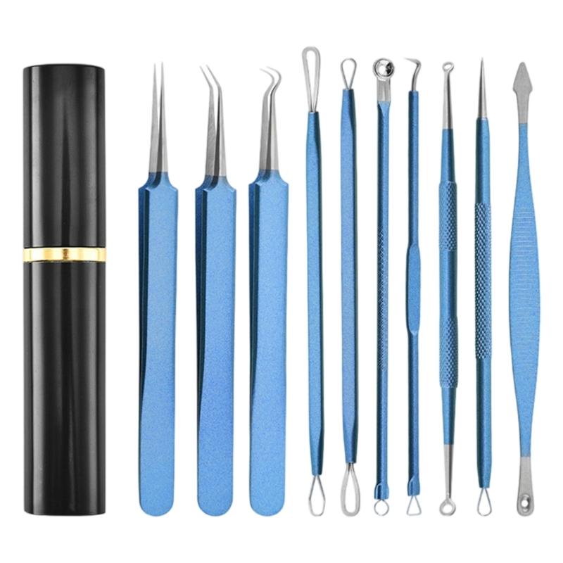 Portable 10Pcs Acne Treatments Kit Including Carbon Steel Needle and Ergonomic Comedone Extractor Tools