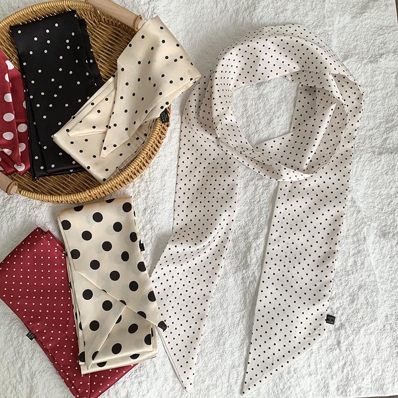 Polka dot silk scarf, long strip, high-end sense, summer retro binding, ribbon, streamer, multi-purpose, small scarf, headscarf, headband, belt.