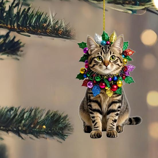 Cute Cat Car Mirror Hanging Charm 2D Flat Acrylic Kitten Christma Tree Ornament Car Interior Pendant for Xmas Home Window Backpack Decor