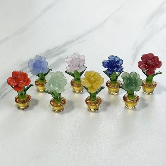 Mini Glass Rose Flower with Pot Colorful Rose Flower Ornaments Collectible Hand Blown Faux Crystal Flower Figurine for Mother's Day Birthday Table